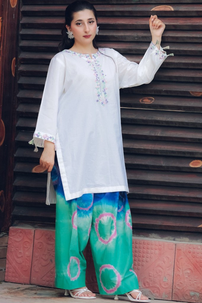 Azure Prism – 2-Piece Embroidered Kurta & Tie-Dye Trouser Set