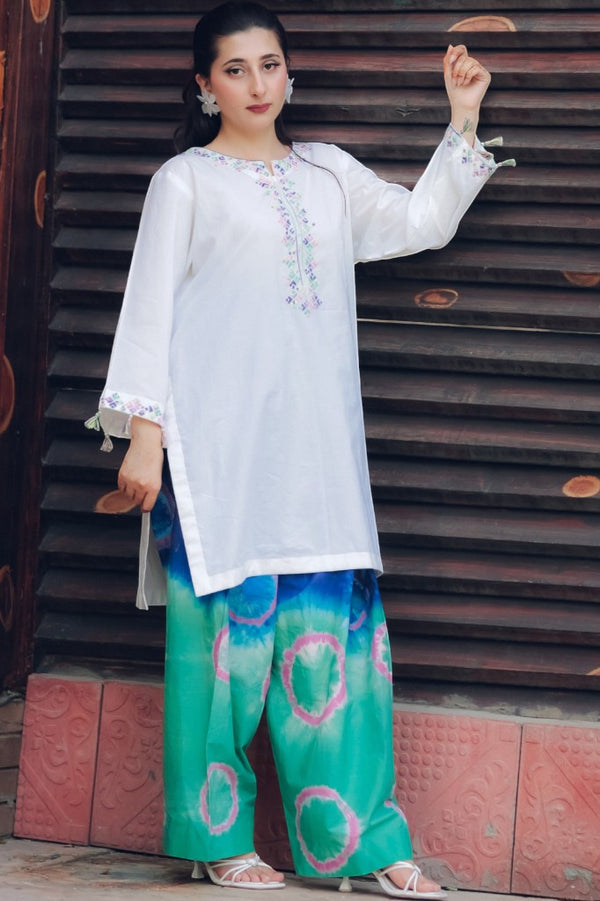 Azure Prism – 2-Piece Embroidered Kurta & Tie-Dye Trouser Set