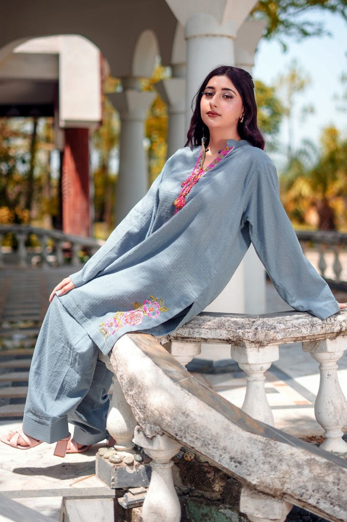 Slate Blossom – 2-Piece Embroidered Slub Lawn Co-ord Set