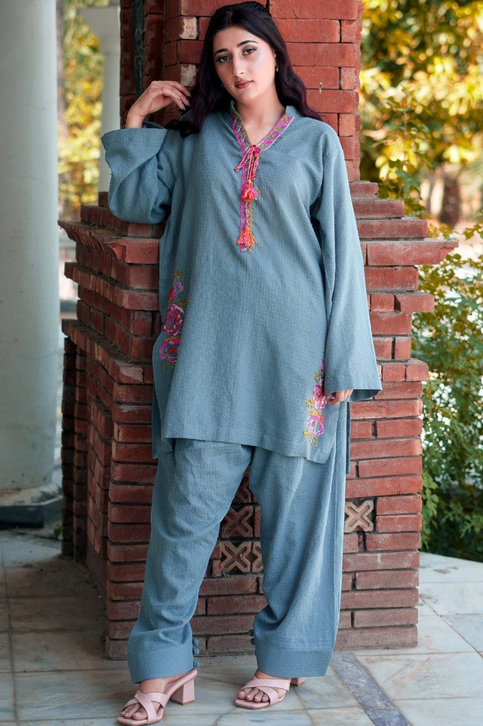 Slate Blossom – 2-Piece Embroidered Slub Lawn Co-ord Set