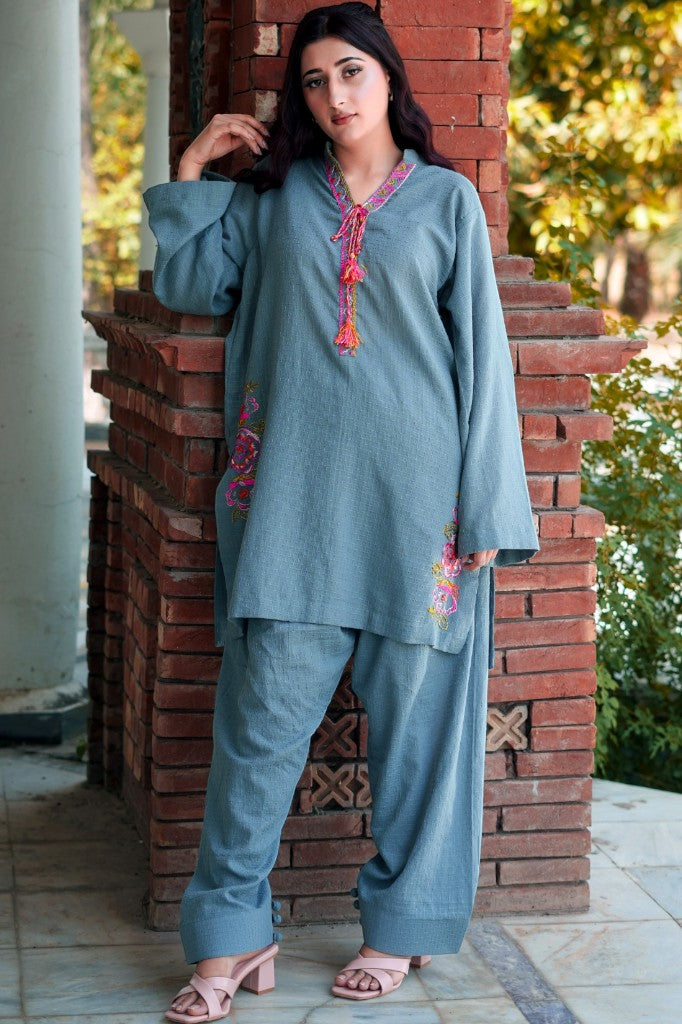 Slate Blossom – 2-Piece Embroidered Slub Lawn Co-ord Set