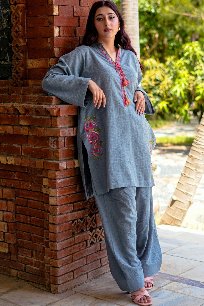 Slate Blossom – 2-Piece Embroidered Slub Lawn Co-ord Set