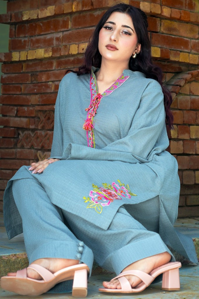 Slate Blossom – 2-Piece Embroidered Slub Lawn Co-ord Set
