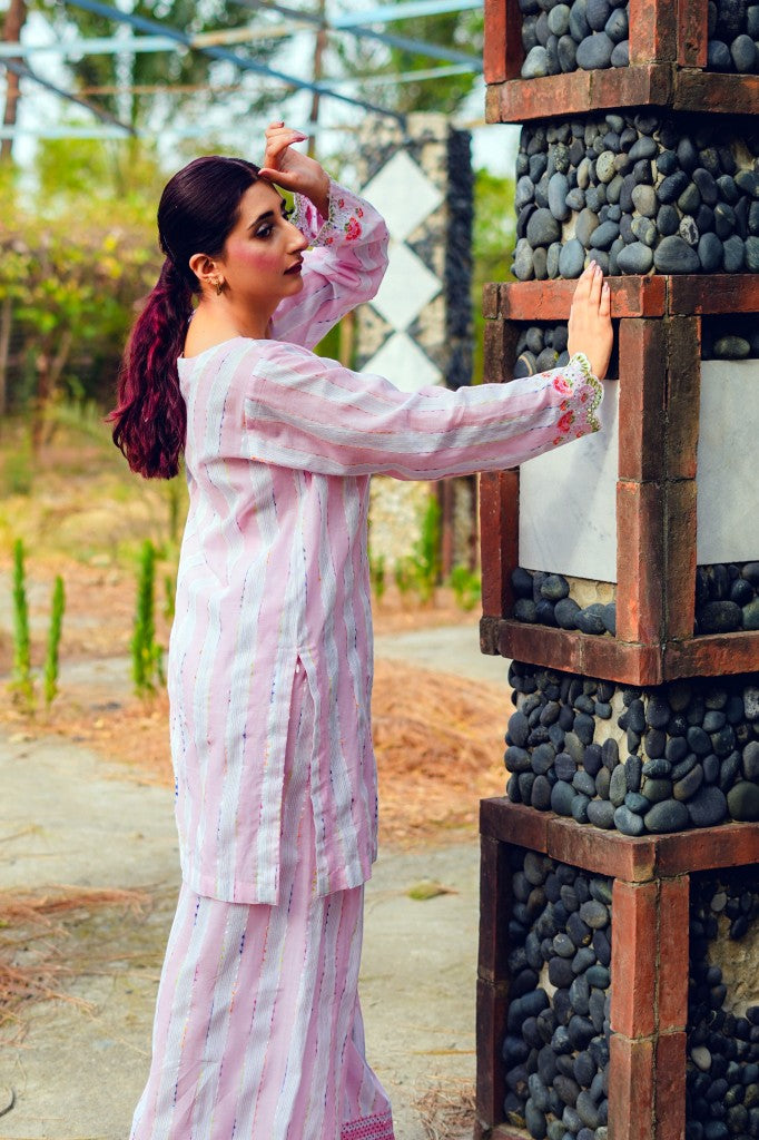 Blush Breeze – 2-Piece Striped & Embroidered Lawn Co-ord Set