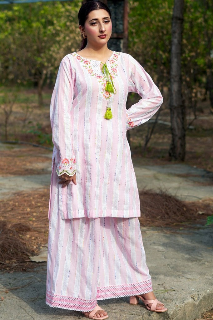 Blush Breeze – 2-Piece Striped & Embroidered Lawn Co-ord Set