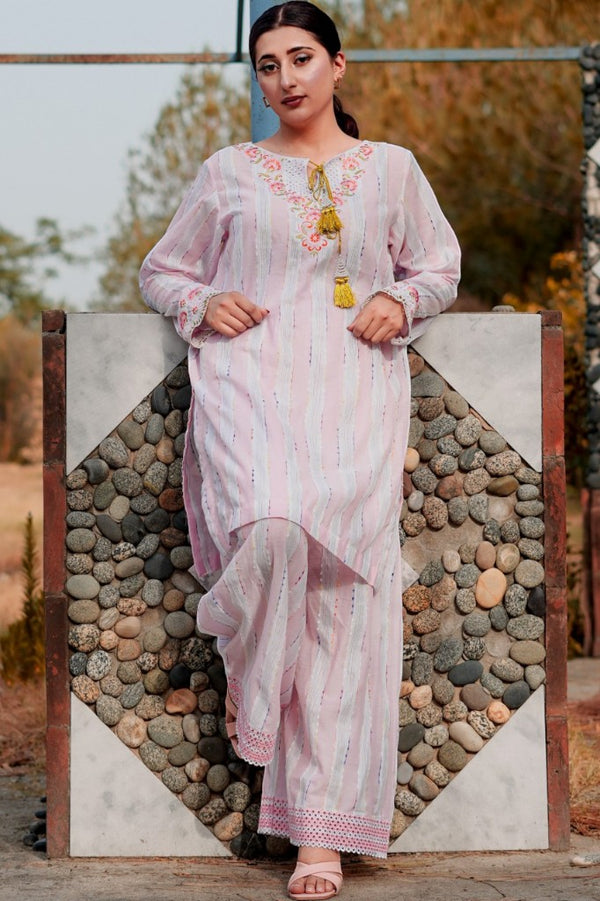 Blush Breeze – 2-Piece Striped & Embroidered Lawn Co-ord Set