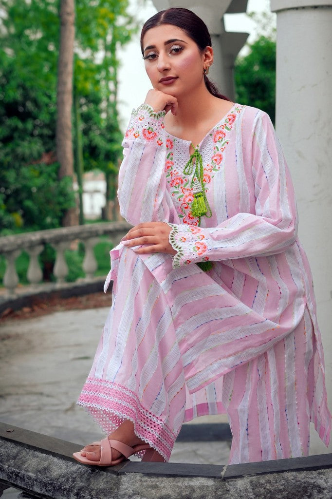 Blush Breeze – 2-Piece Striped & Embroidered Lawn Co-ord Set