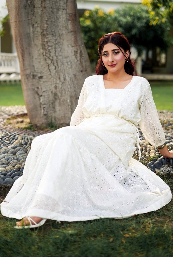 Ivory Serenade – Chikankari Schiffli Maxi Dress