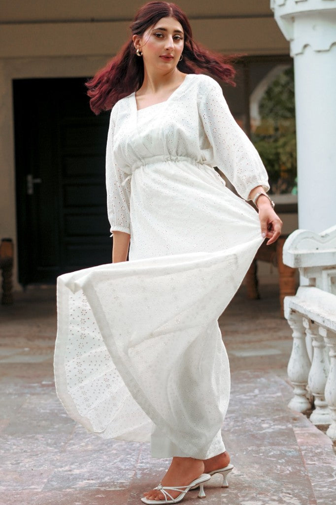 Ivory Serenade – Chikankari Schiffli Maxi Dress