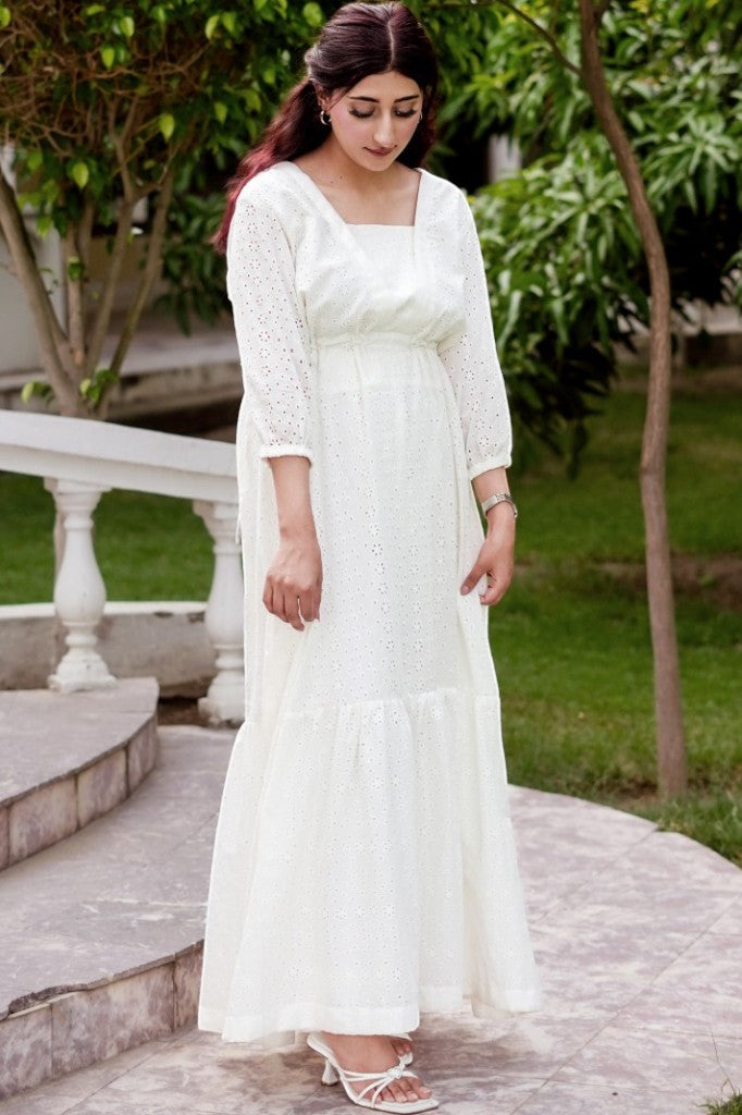 Ivory Serenade – Chikankari Schiffli Maxi Dress