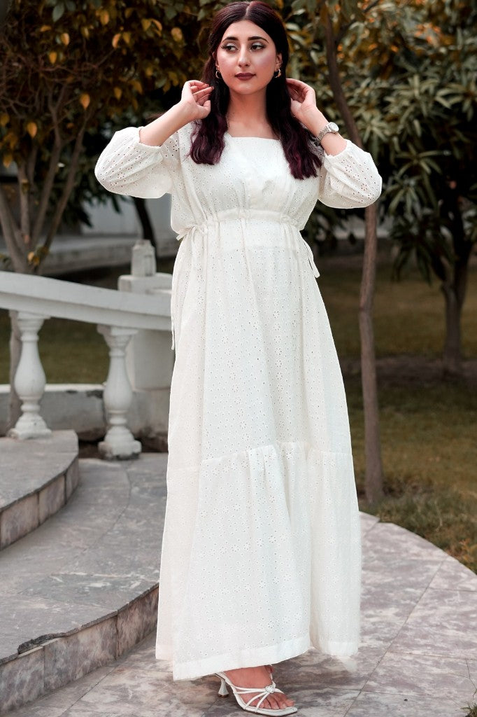 Ivory Serenade – Chikankari Schiffli Maxi Dress