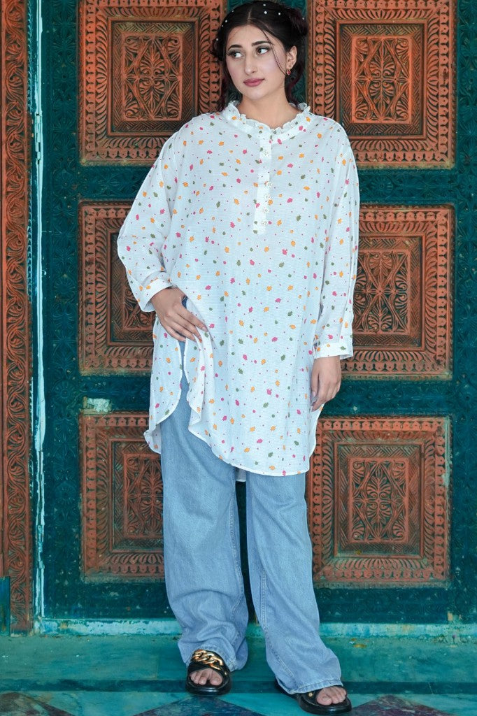 Autumn Confetti – Ruffled Leaf Printed Tunic Top