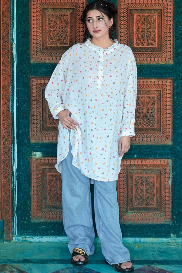 Autumn Confetti – Ruffled Leaf Printed Tunic Top
