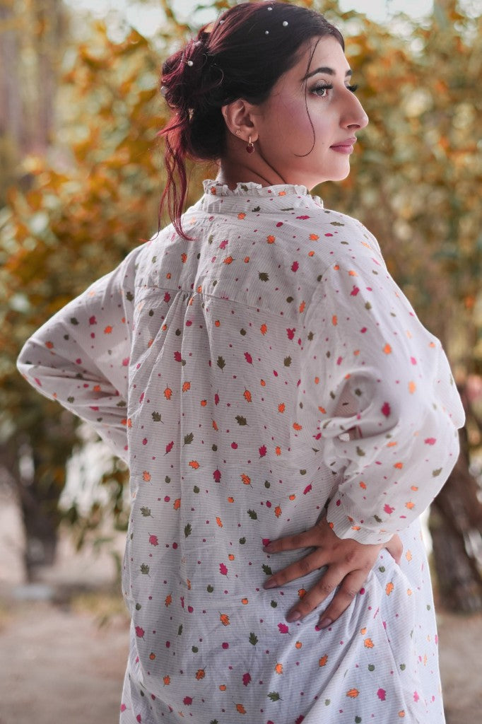 Autumn Confetti – Ruffled Leaf Printed Tunic Top