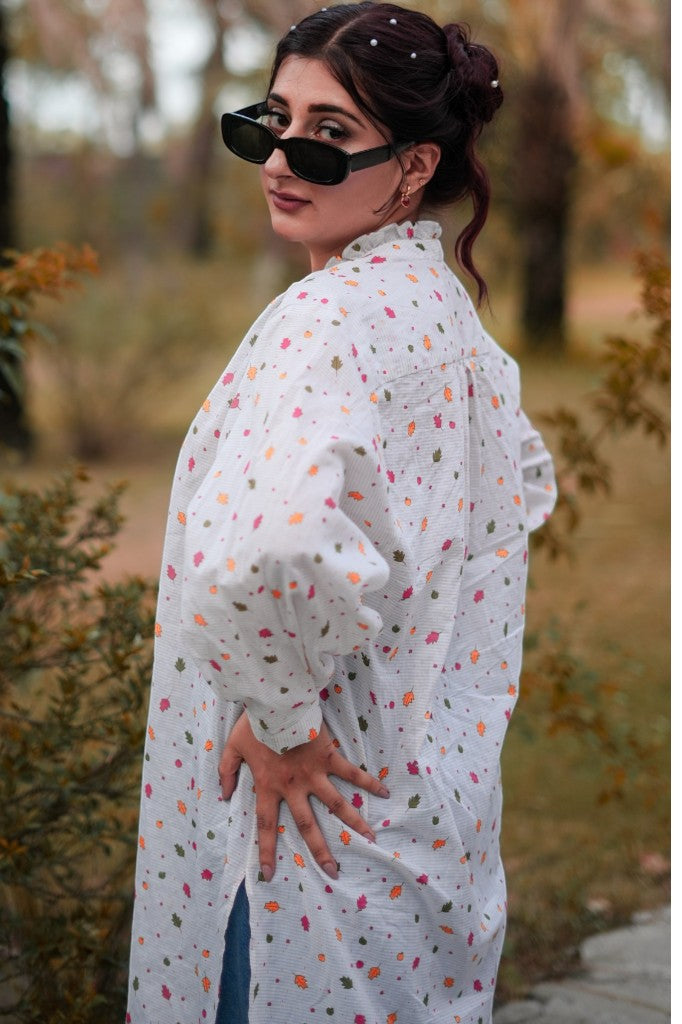 Autumn Confetti – Ruffled Leaf Printed Tunic Top