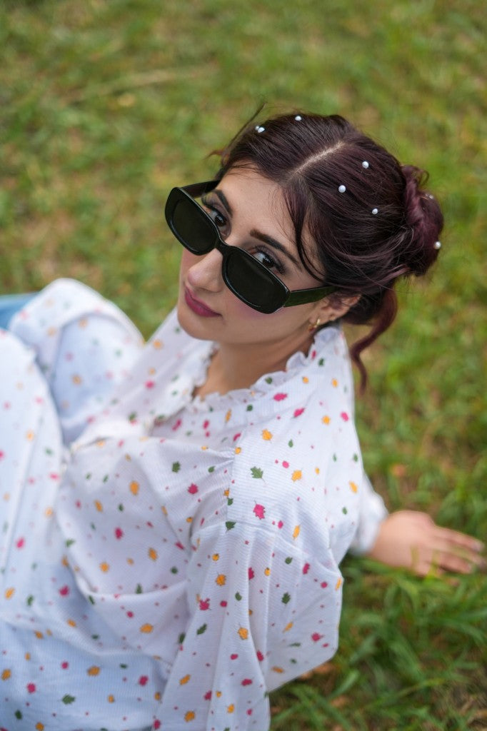 Autumn Confetti – Ruffled Leaf Printed Tunic Top