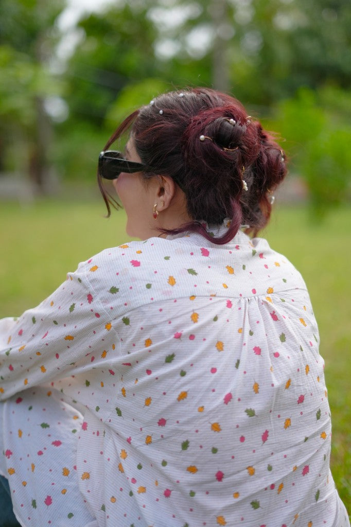 Autumn Confetti – Ruffled Leaf Printed Tunic Top