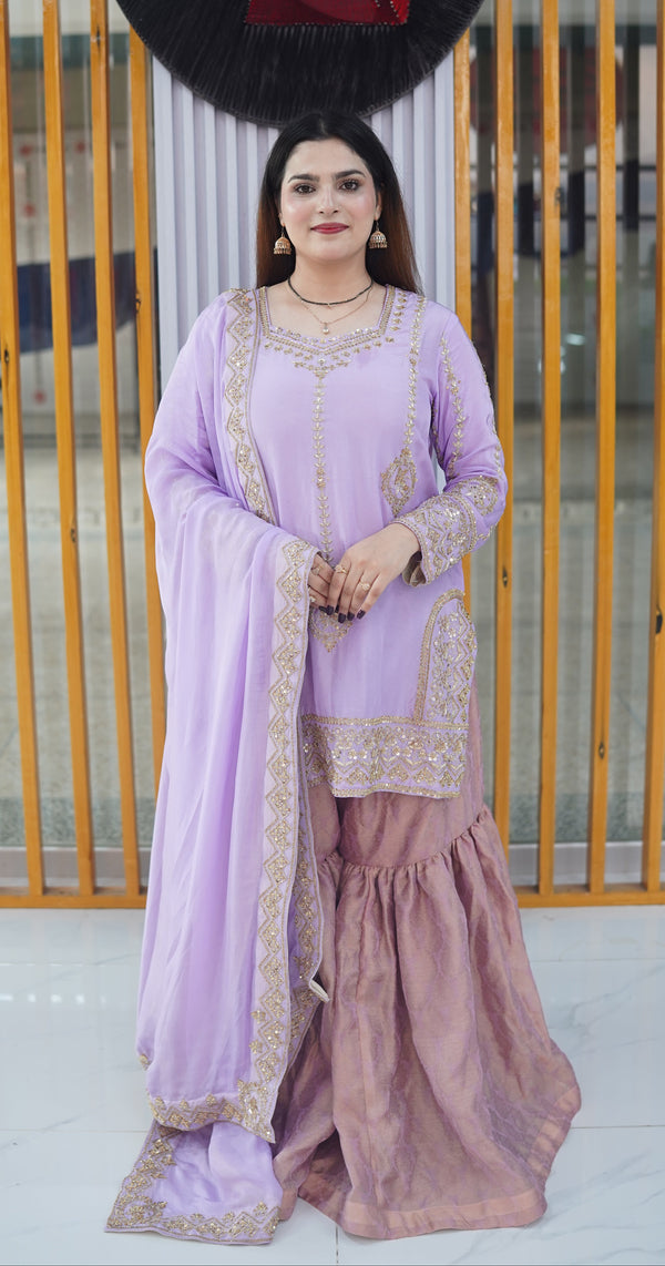 Lavender Bloom – 3 Piece Embroidered Kurti & Sharara Suit
