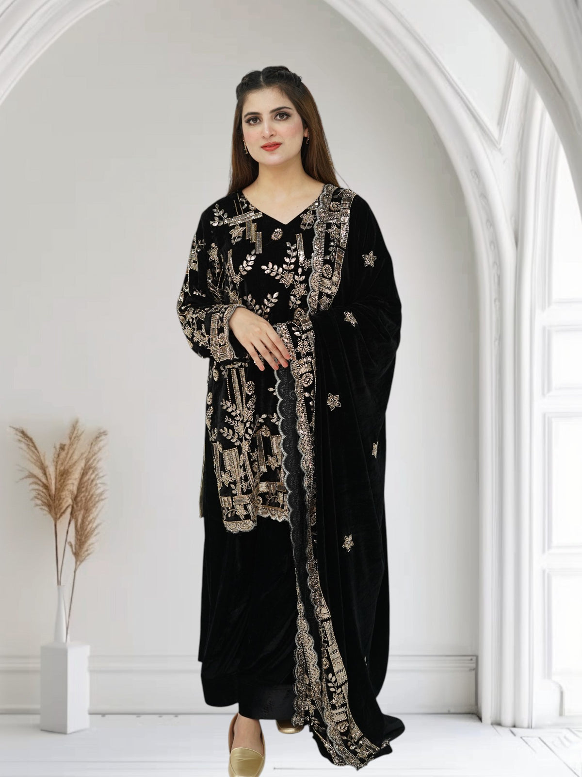 Nox Luxe – 3-Piece Heavily Embroidered Velvet Suit