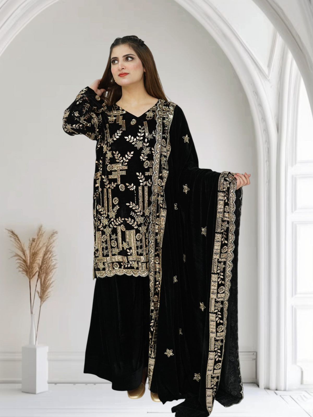 Nox Luxe – 3-Piece Heavily Embroidered Velvet Suit