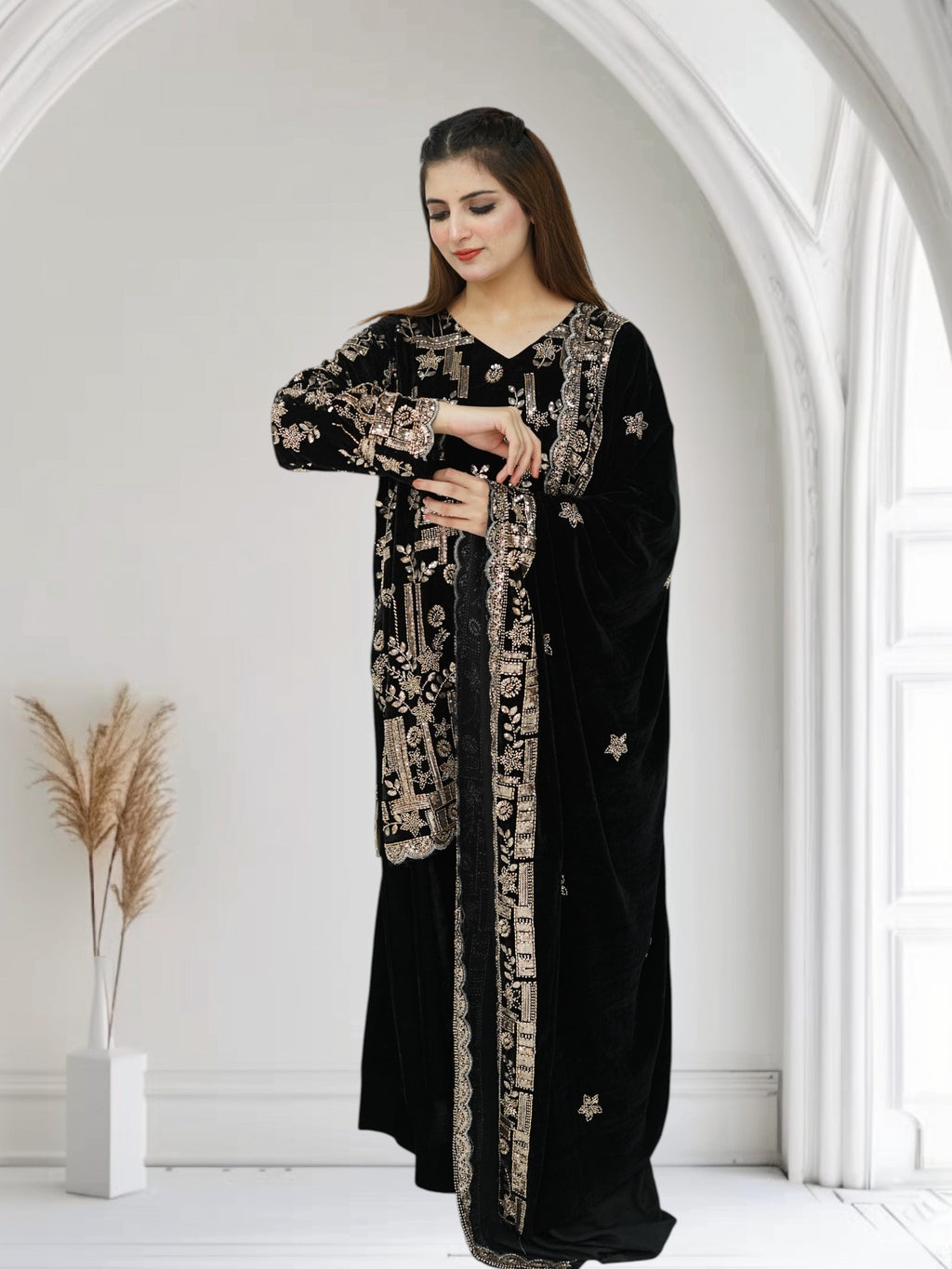 Nox Luxe – 3-Piece Heavily Embroidered Velvet Suit