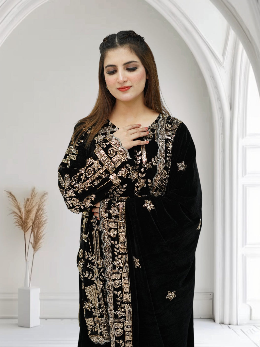 Nox Luxe – 3-Piece Heavily Embroidered Velvet Suit