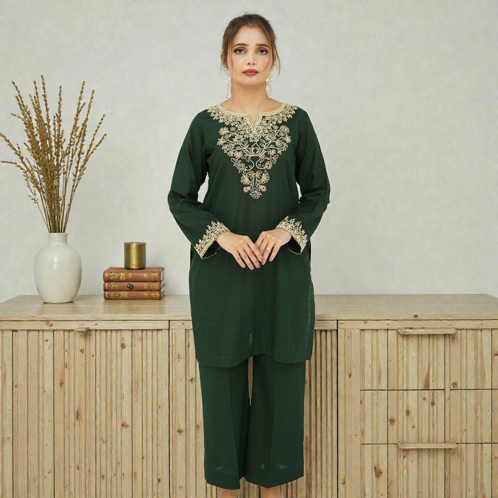 Emerald Motif – 2-Piece Kashmiri Embroidered Slub Lawn Suit