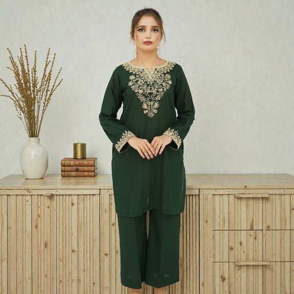 Emerald Motif – 2-Piece Kashmiri Embroidered Slub Lawn Suit