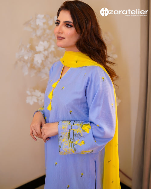 3PIECE - Galaxy Embroidered Blue Cotton Y