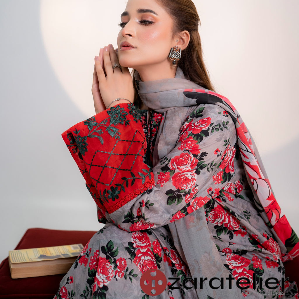 Scarlet Mist – 3-Piece Printed & Embroidered Lawn Suit
