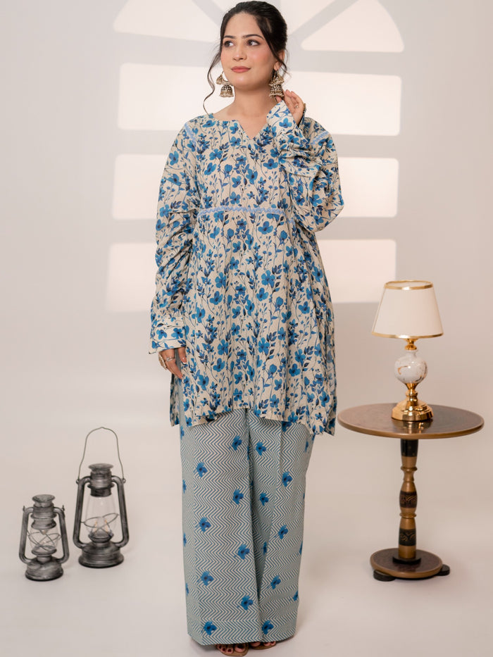 Azure Meadow – 2-Piece Printed Lawn Suit with Chevron Trousers