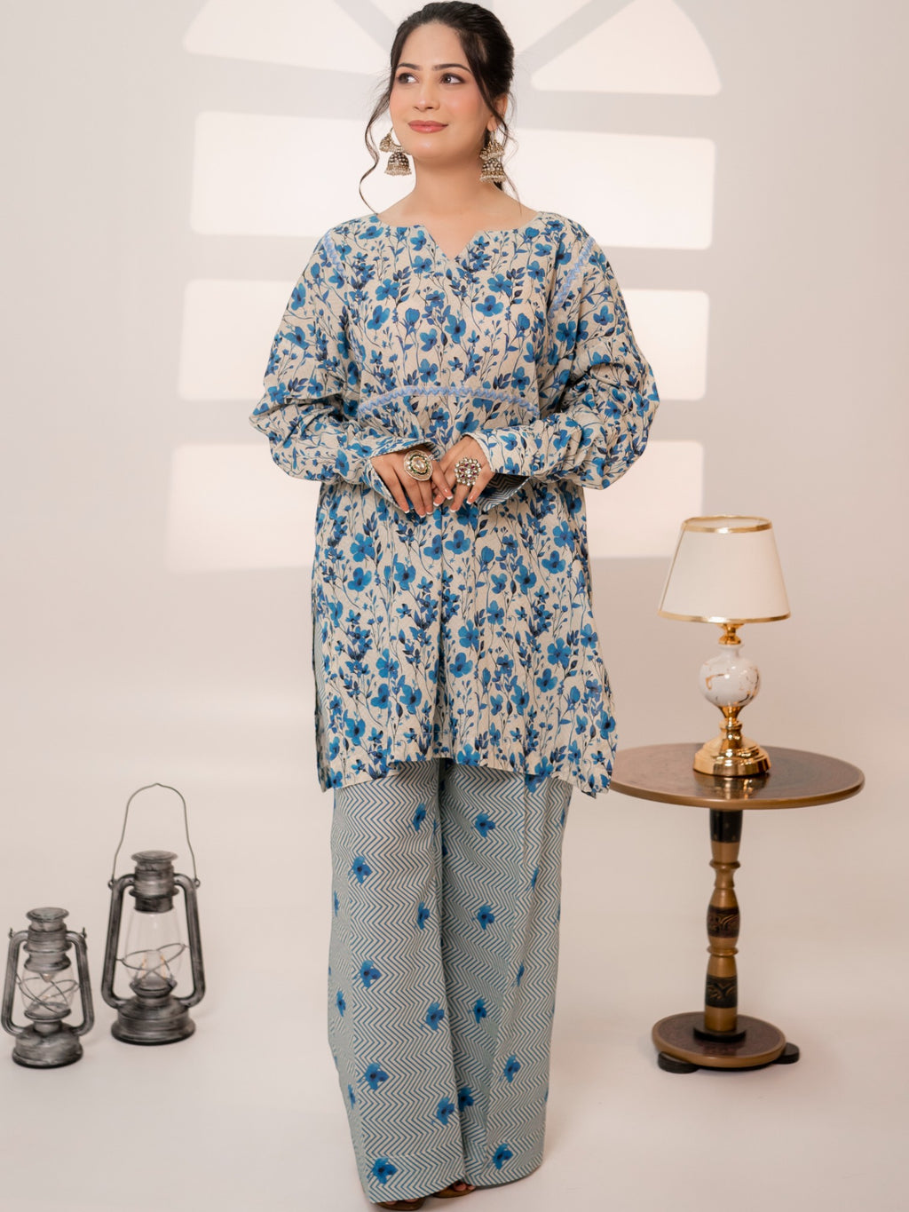 Azure Meadow – 2-Piece Printed Lawn Suit with Chevron Trousers