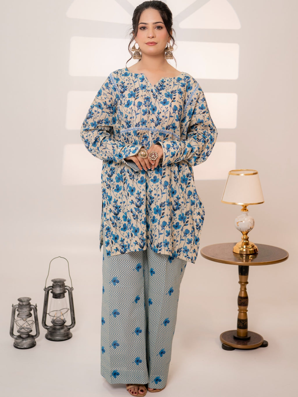 Azure Meadow – 2-Piece Printed Lawn Suit with Chevron Trousers