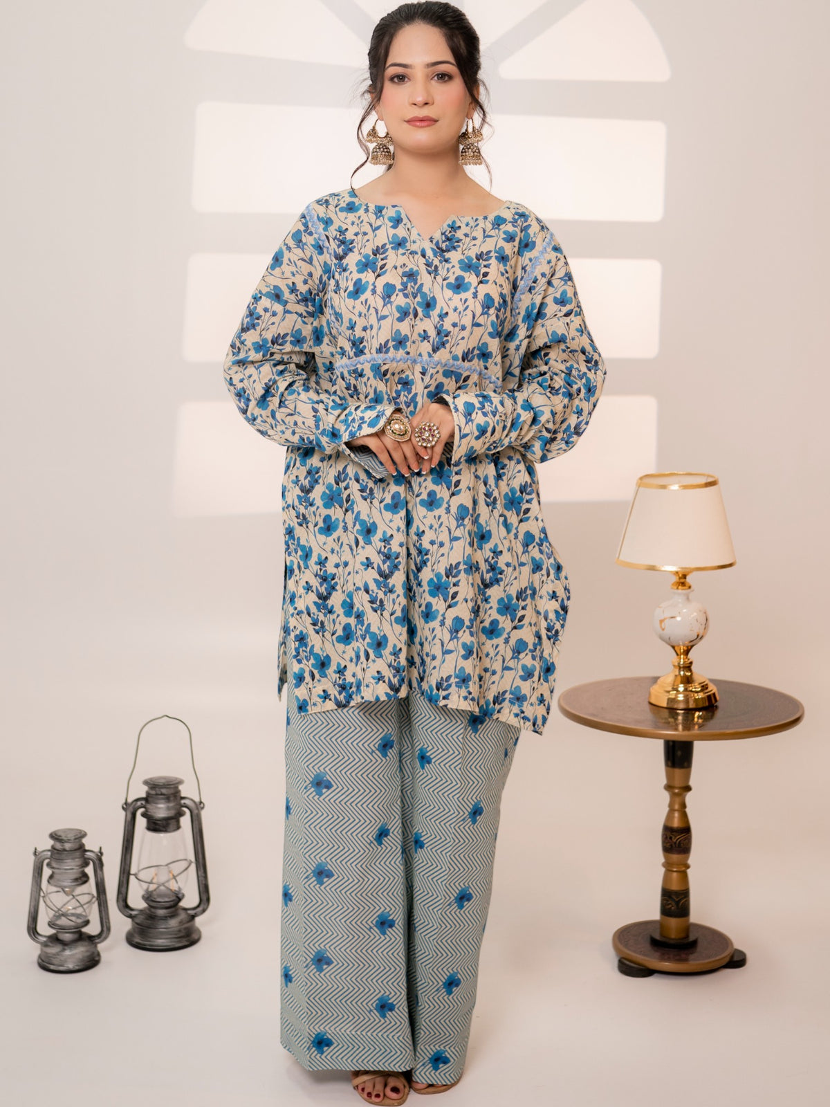 Azure Meadow – 2-Piece Printed Lawn Suit with Chevron Trousers