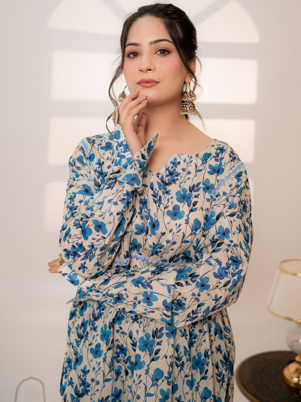 Azure Meadow – 2-Piece Printed Lawn Suit with Chevron Trousers