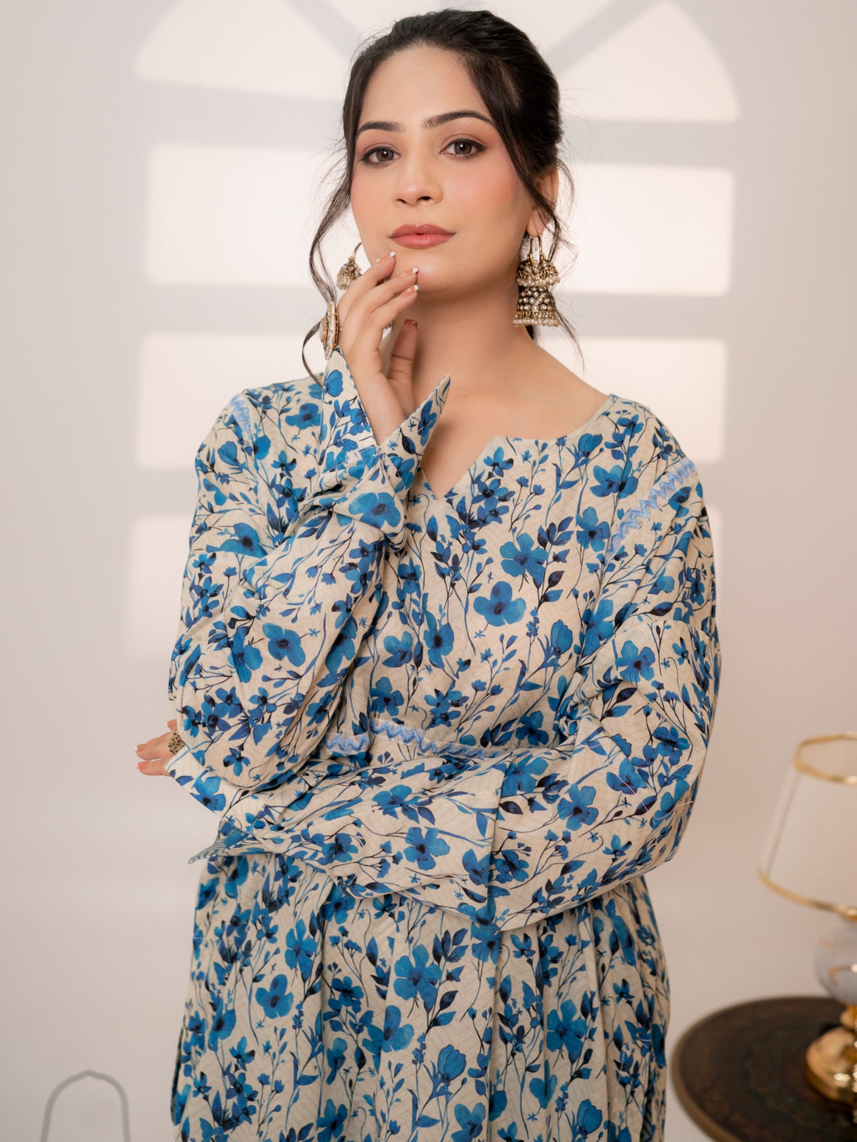 Azure Meadow – 2-Piece Printed Lawn Suit with Chevron Trousers