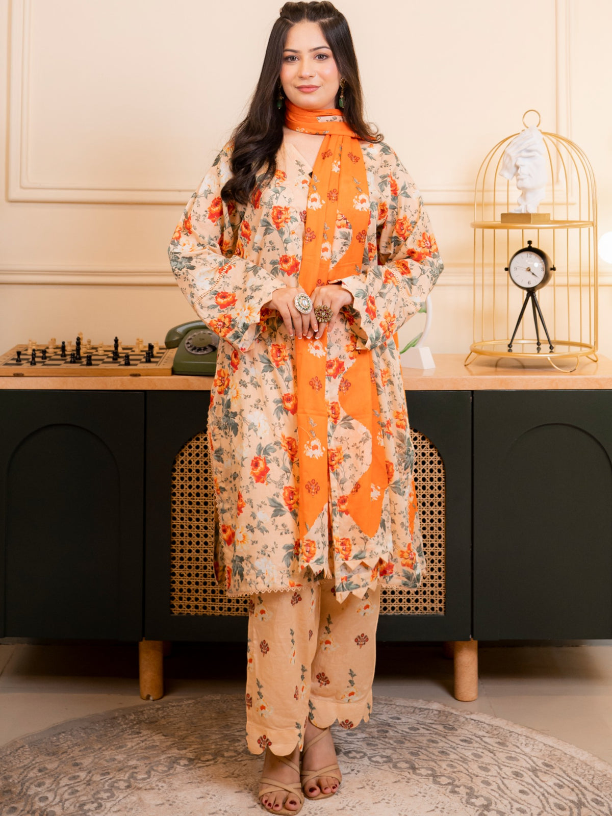 Amber Blossom – 3-Piece Floral Printed Lawn Suit with Scalloped Details