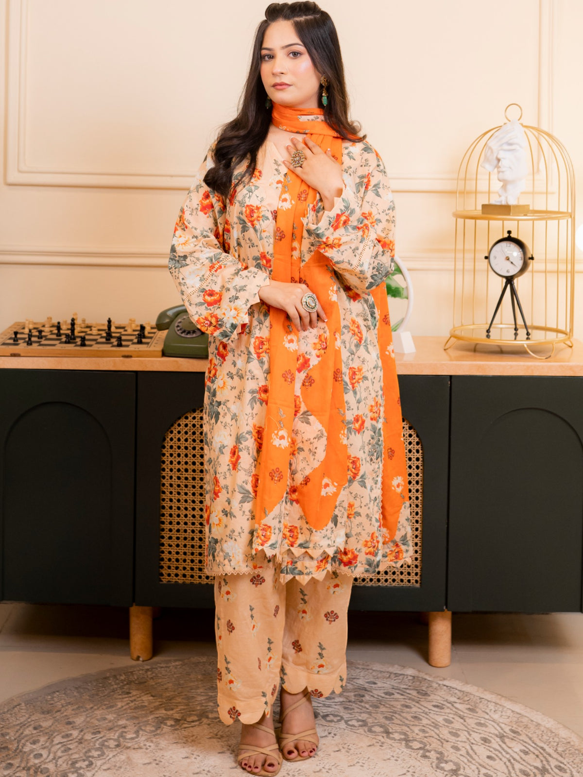 Amber Blossom – 3-Piece Floral Printed Lawn Suit with Scalloped Details