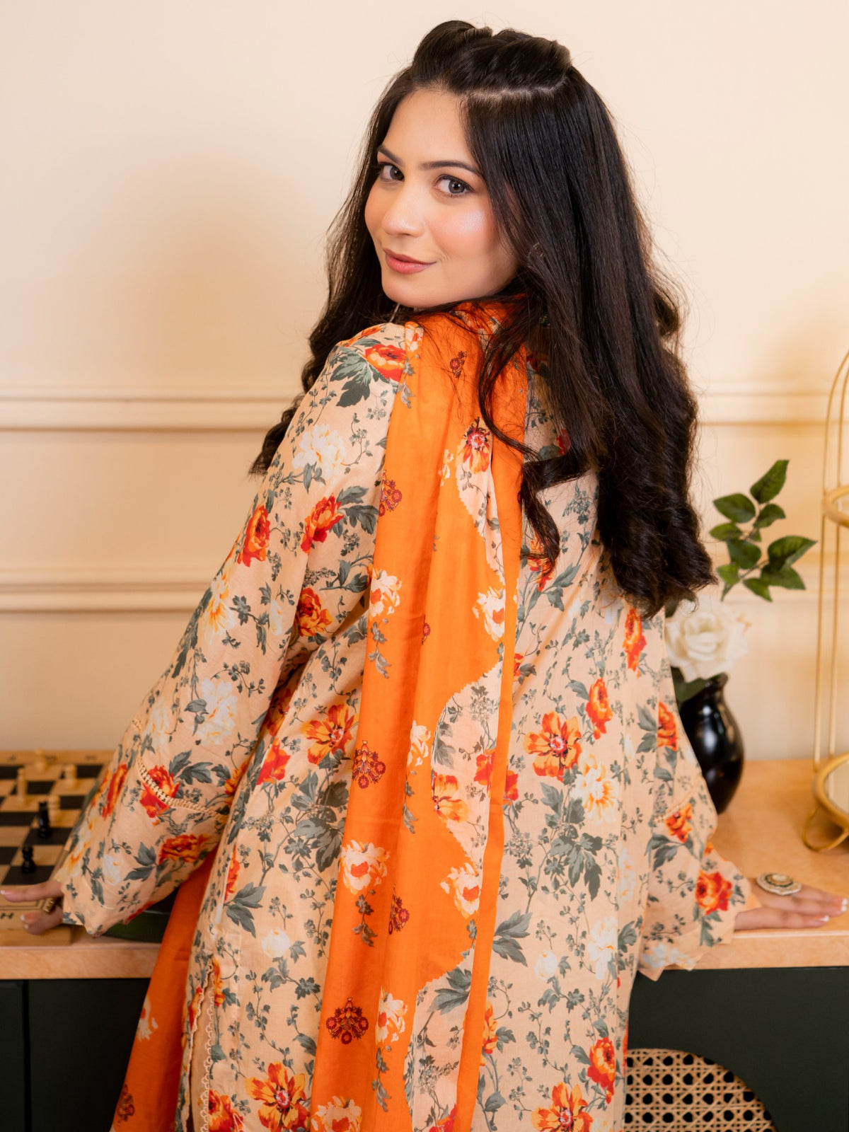 Amber Blossom – 3-Piece Floral Printed Lawn Suit with Scalloped Details